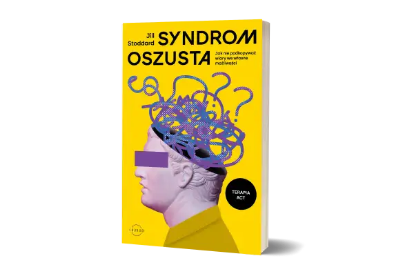 Okładka książki "Syndrom oszustki" Jill Stoddard. Stylizowana głowa z plątaniną myśli i znaków zapytania.