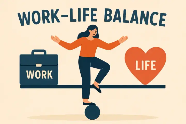 Kobieta balansuje na kuli, symbolizując trudności w osiągnięciu work-life balance. Po jednej stronie walizka "WORK", po drugiej serce "LIFE".